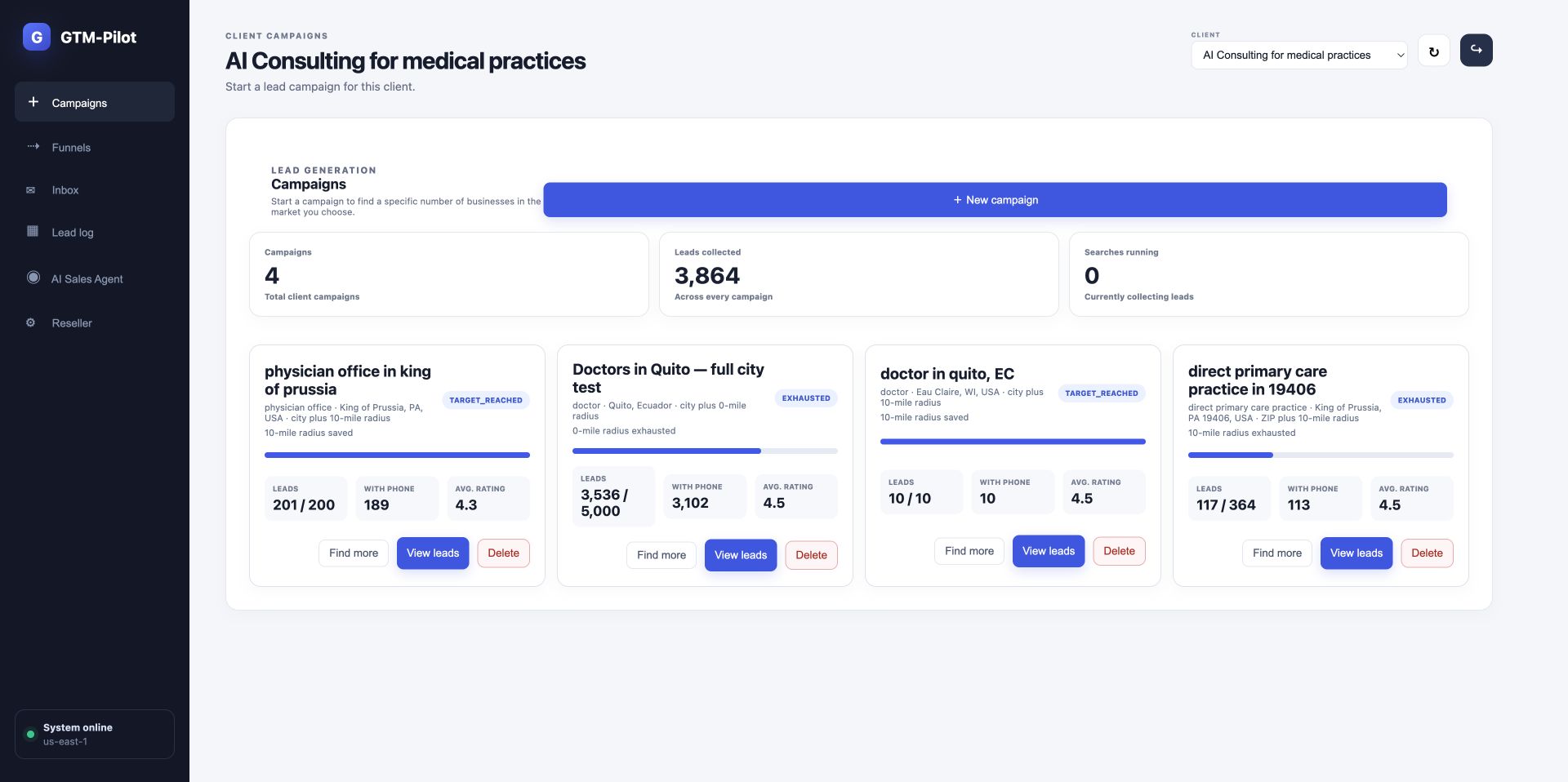 The live GTM-Pilot campaigns dashboard showing campaign totals and lead progress