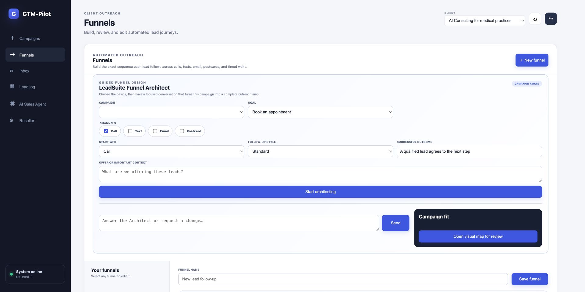 The live GTM-Pilot Funnel Architect for configuring an outreach journey